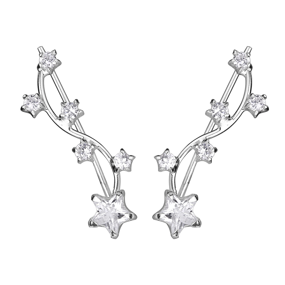Silver star-shaped ear climber earrings showing how to wear ear climbers with multiple sparkling stones