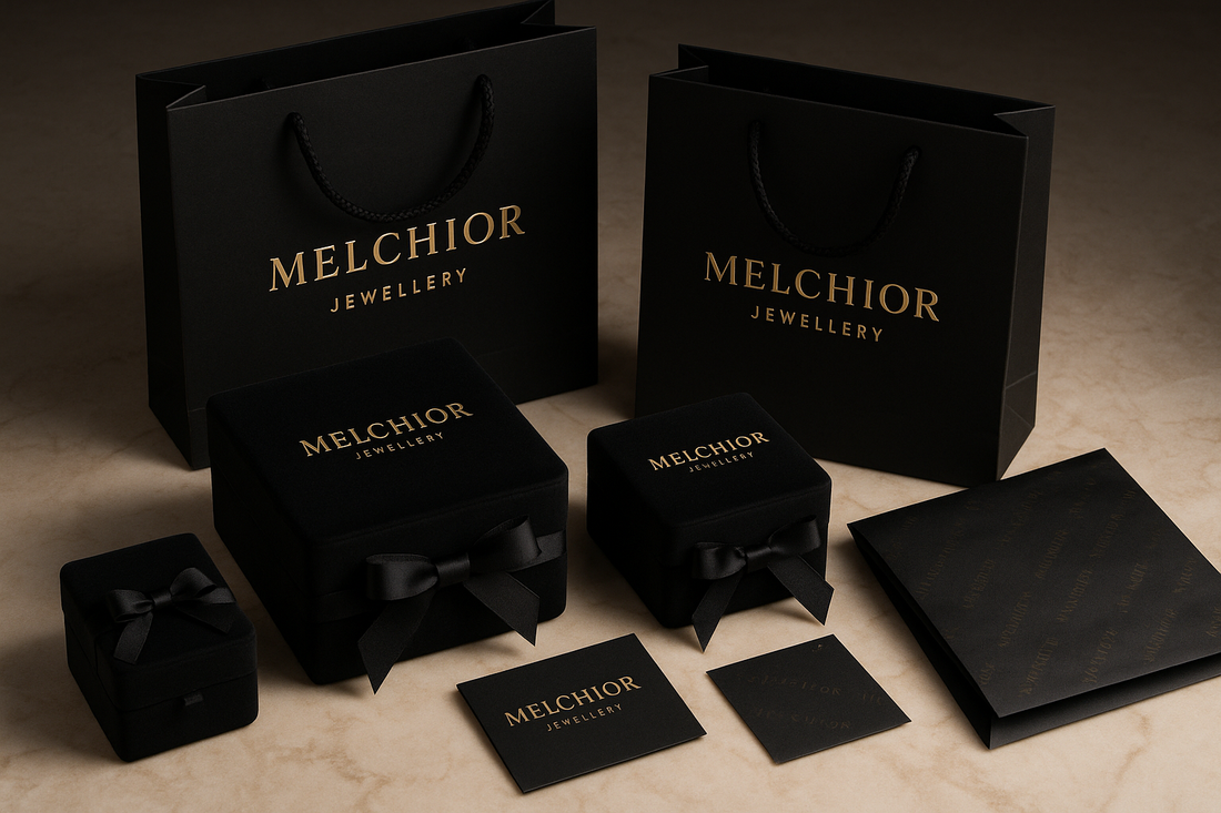 Luxury jewellery gift packaging including black boxes with ribbons and branded black paper bags from Melchior Jewellery