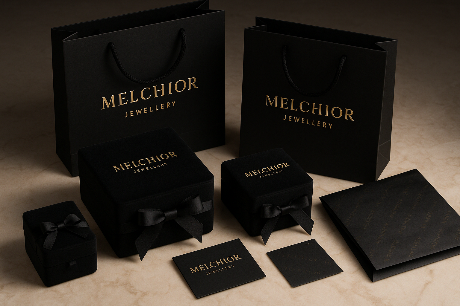 Black luxury jewellery gift packaging set with gold Melchior Jewellery logo, including bags, boxes with black ribbons and card