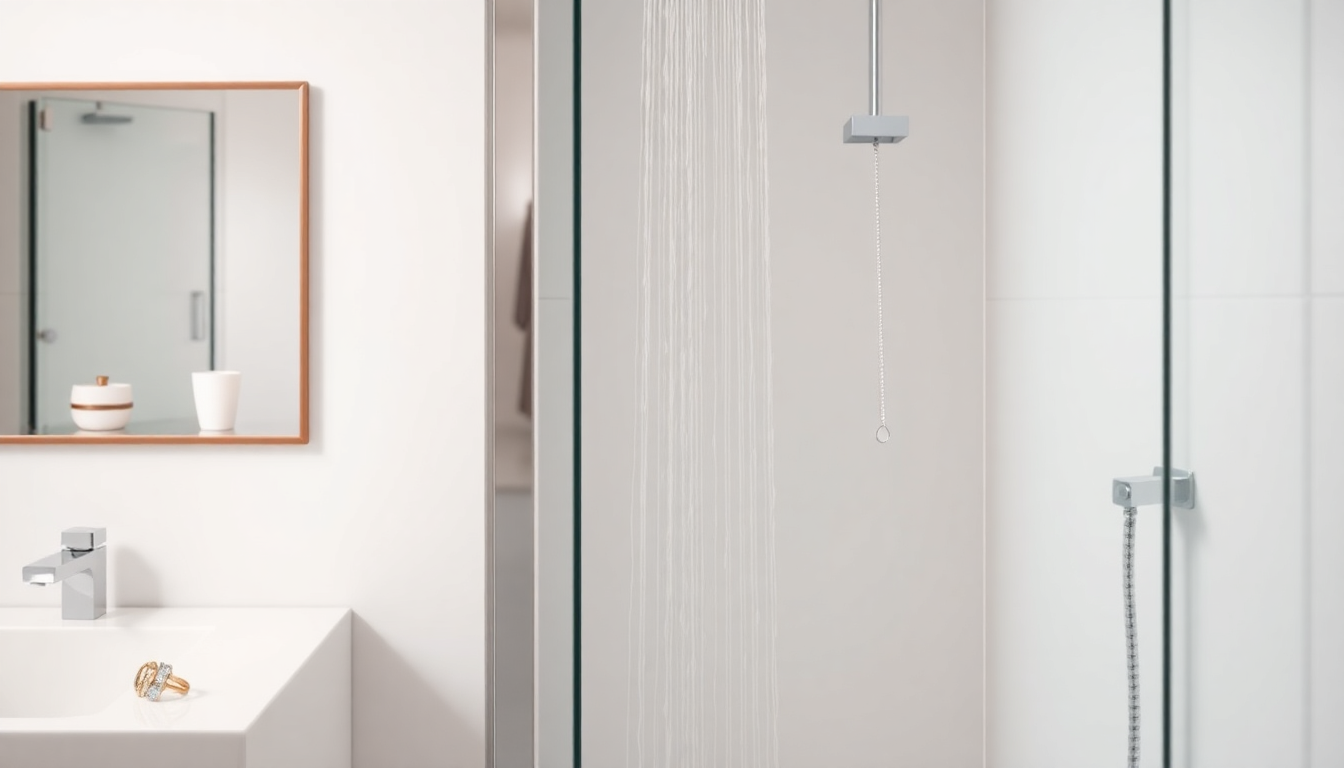 white bathroom with glass shower, silver showerhead, and gold jewellery, exploring can you wear jewellery in the shower