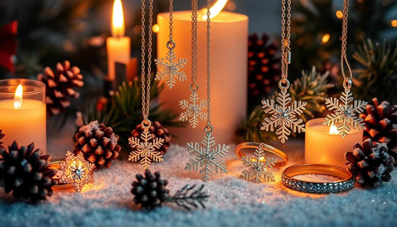 Sterling silver Christmas jewellery gifts with snowflake pendants and rings displayed on snow with glowing candles and pinecones