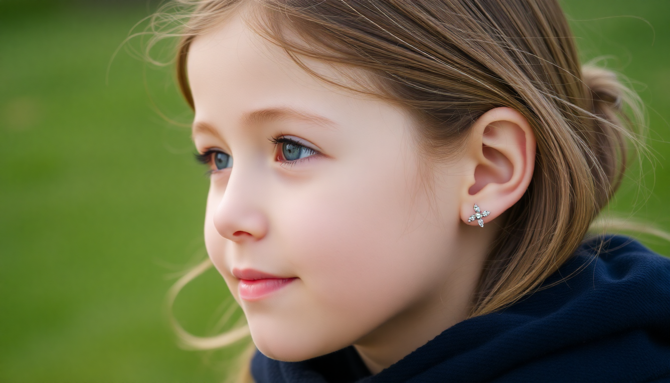 Young girl with blue eyes wearing best silver earrings for children UK shaped like small flowers with white stones