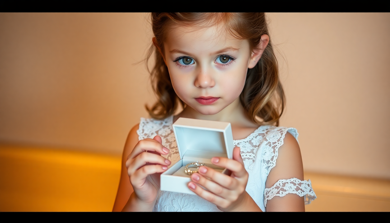 Young girl with blue eyes in white lace dress holding open box with cute sterling silver jewellery for children