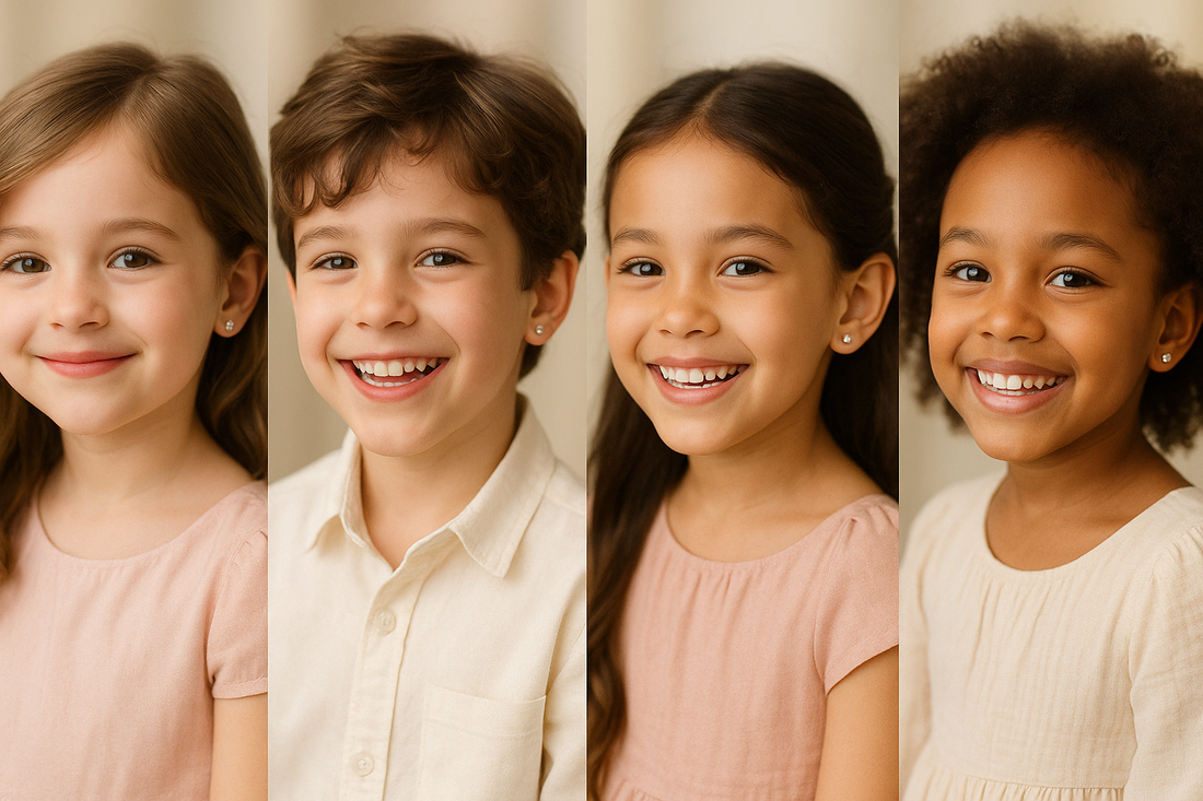 Smiling children wearing silver earrings showcasing the latest trends in silver jewellery UK