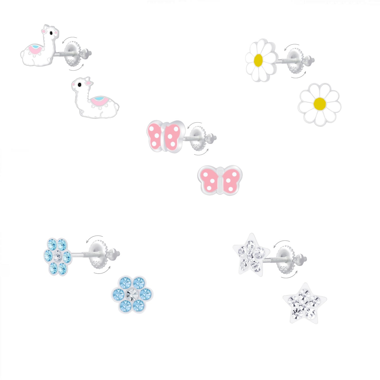 Colourful sterling silver screw back earrings for children featuring hearts,flowers,stars,football and more