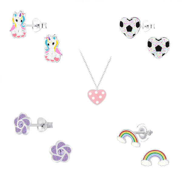 Colourful sterling silver earrings for kids including pink unicorns, hearts,football, flowers, rainbow designs