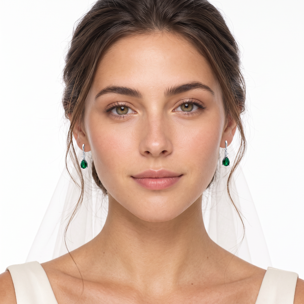 925 Sterling Silver CZ Emerald Pear Shaped Drop Earrings On Woman