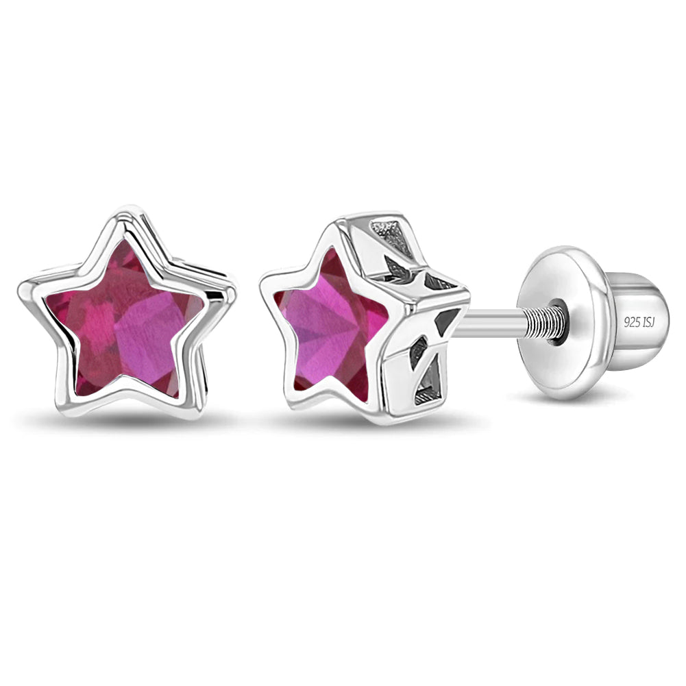 Sterling Silver Girls July CZ Star Birthstone Screw Back Earrings