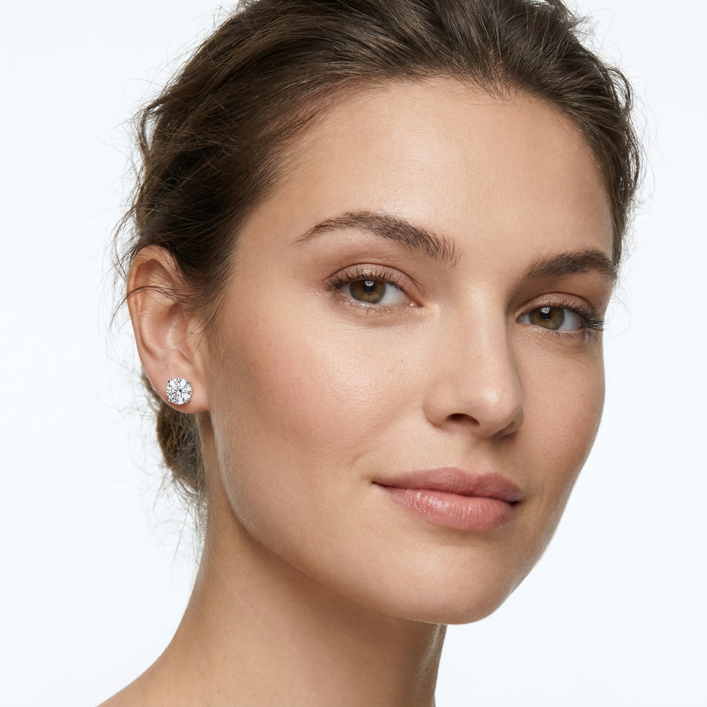 Woman wearing Melchior Jewellery sterling silver round cubic zirconia stud earrings close-up lifestyle shot