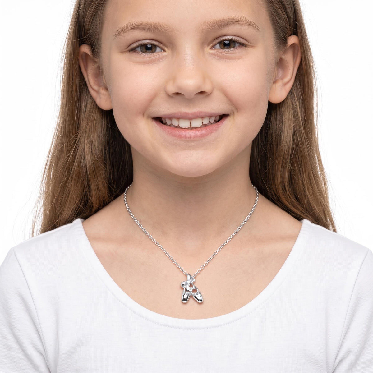 Girls 925 sterling silver ballet shoes charm necklace on young girl