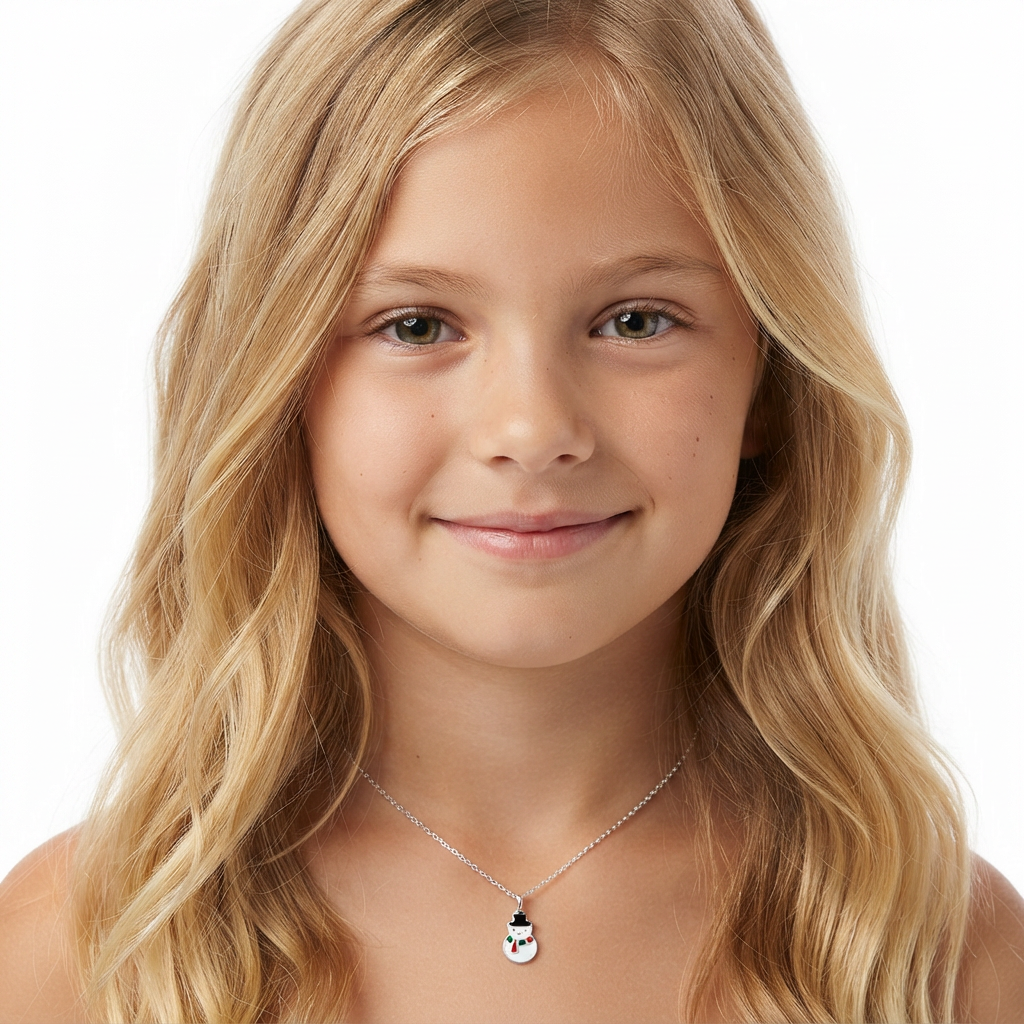 A young girl with long blonde hair wearing a delicate silver chain necklace with a small penguin pendant, shown against a plain white background.