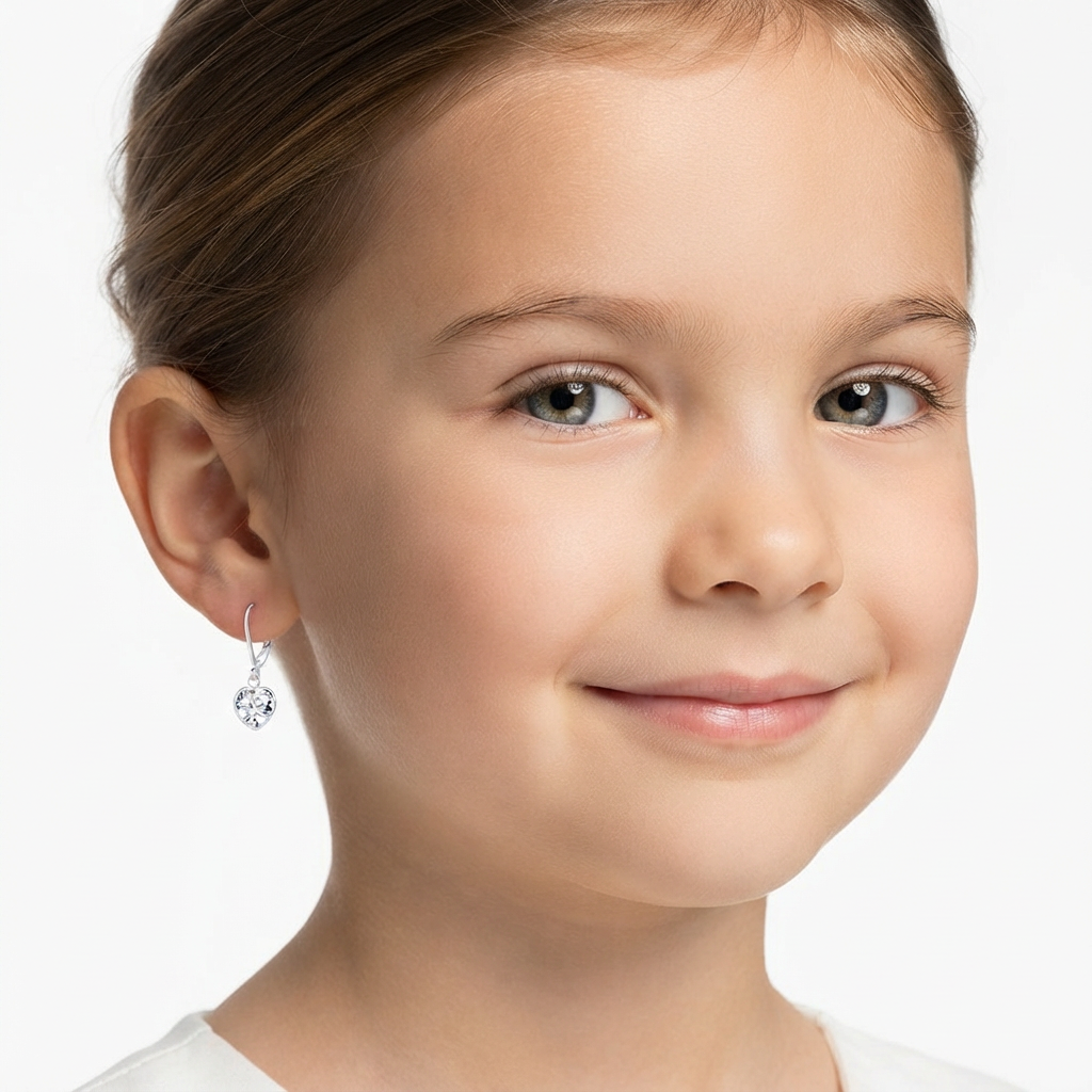 A close-up portrait of a young girl wearing a single silver hoop earring with a clear faceted drop stone, set against a clean white background.
