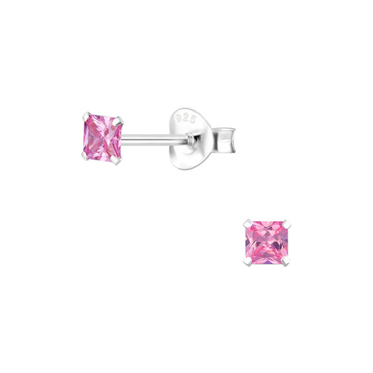 Sterling Silver 3mm square Pink Crystal Baby Earrings - Melchior Jewellery