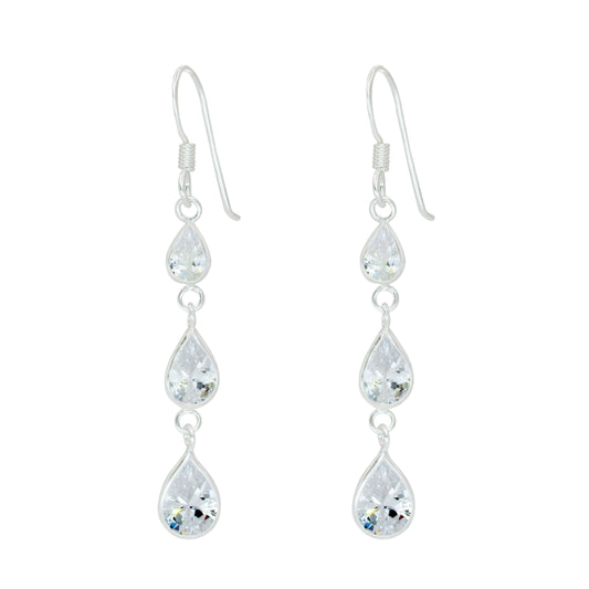 Sterling Silver Triple Teardrop CZ Drop Earrings - Melchior Jewellery