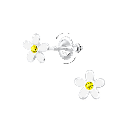 Girl's Sterling Silver White Flower Screw Back Earrings - Melchior Jewellery