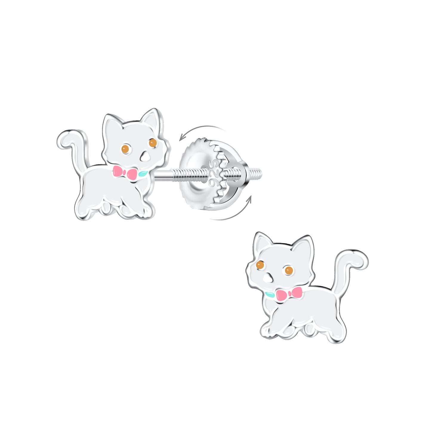 Children's Sterling Silver White Cat Screw Back Earrings - Melchior Jewellery