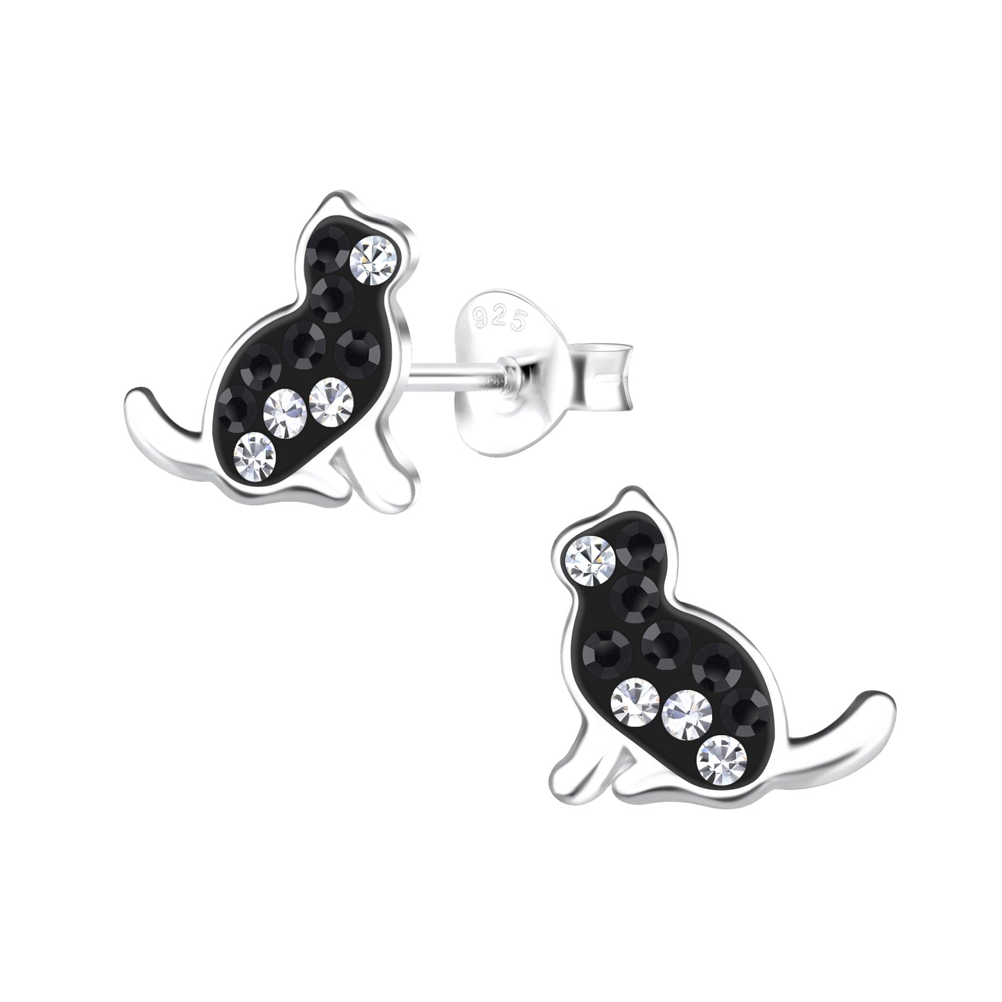 Children's Sterling Silver Black Crystal Cat Stud Earrings - Melchior Jewellery