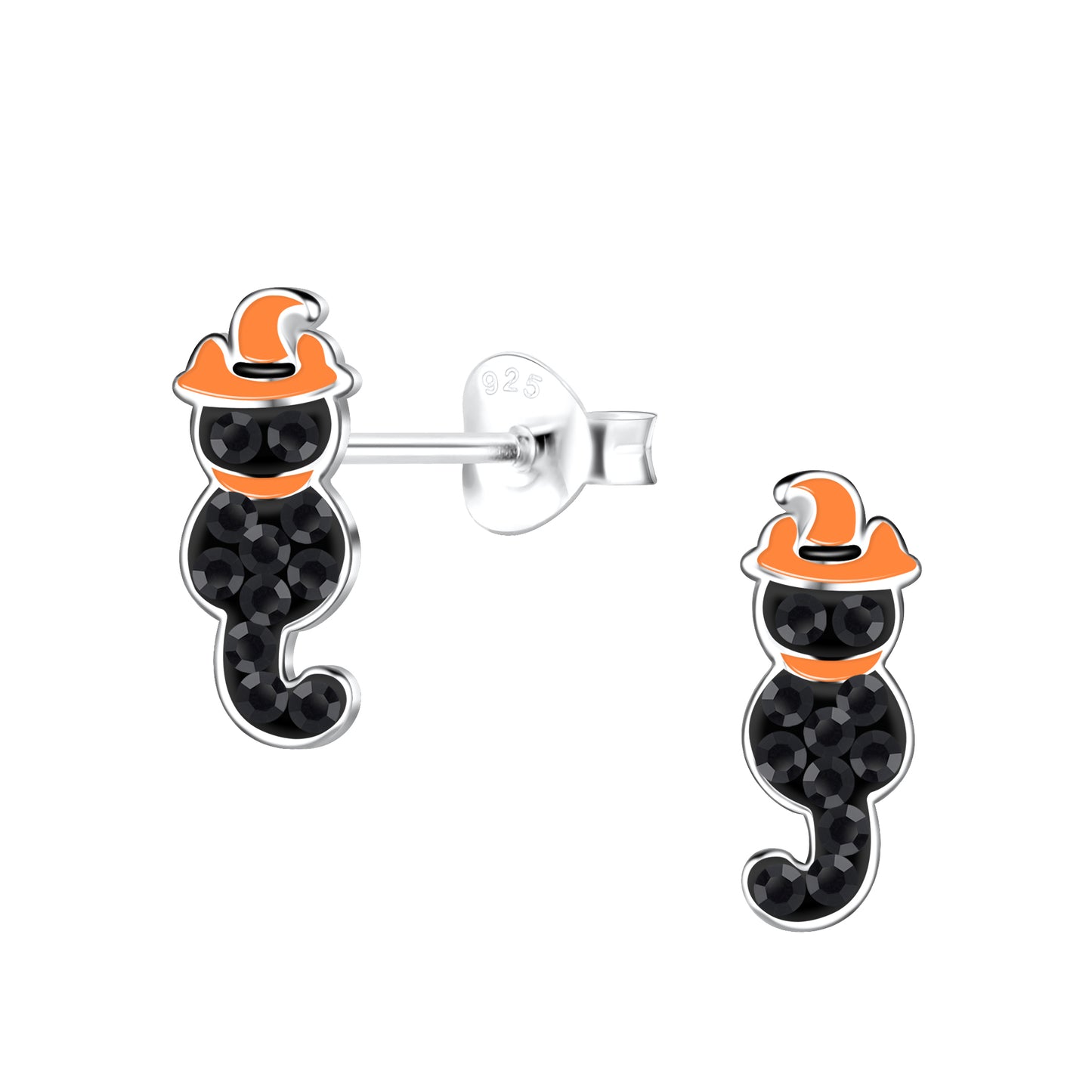 Children's Sterling Silver Black Halloween Cat Stud Earrings