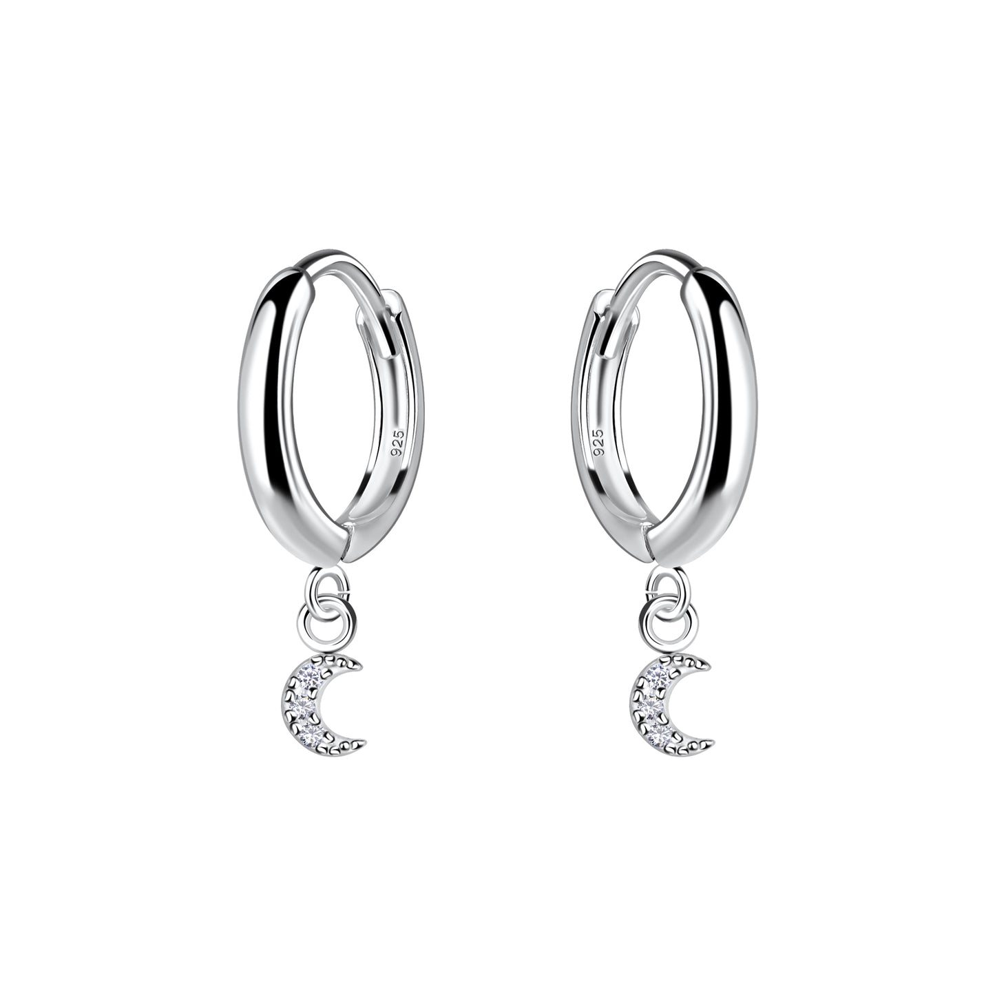 Sterling Silver CZ Moon Charm Hoop Earrings - Melchior Jewellery