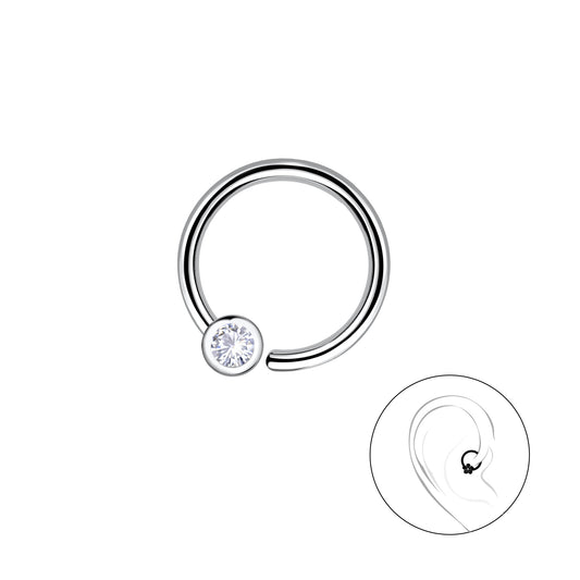 Sterling Silver Helix Piercing Single CZ Hoop - Melchior Jewellery