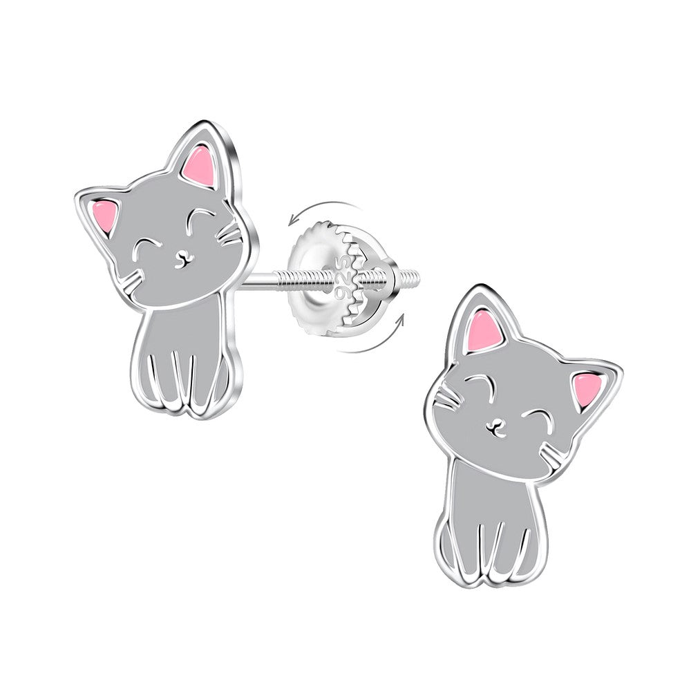 Children's Sterling Silver Grey Cat Screw Back Earrings - Melchior Jewellery