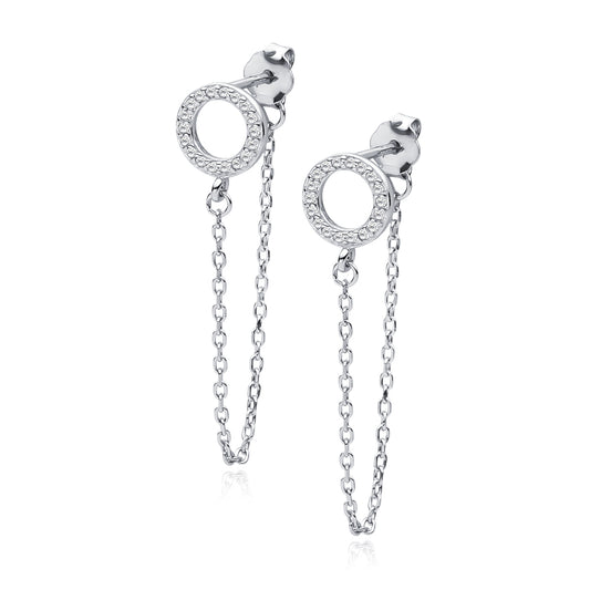 Sterling Silver Chain Drop CZ Circle Earrings - Melchior Jewellery