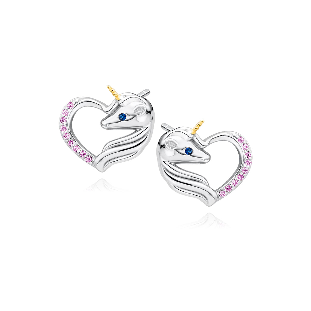 Girl's Sterling Silver CZ Unicorn Heart Stud Earrings - Melchior Jewellery