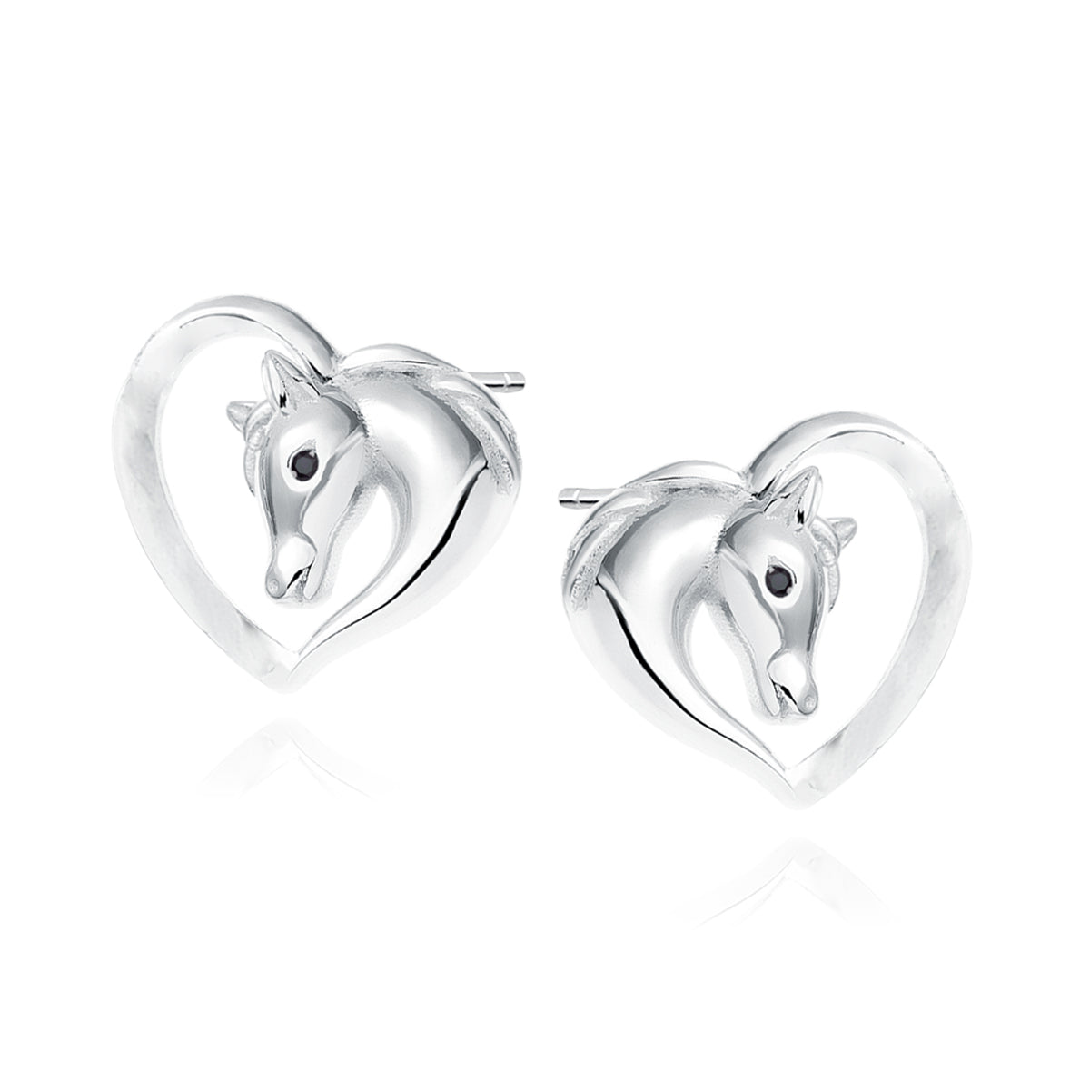 Girl's Sterling Silver CZ Heart Horse Stud Earrings