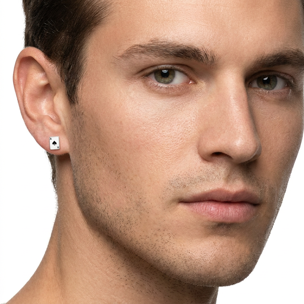 Silver Mens Single Stud Ace Of Spades Playing Card Earring - Melchior Jewellery