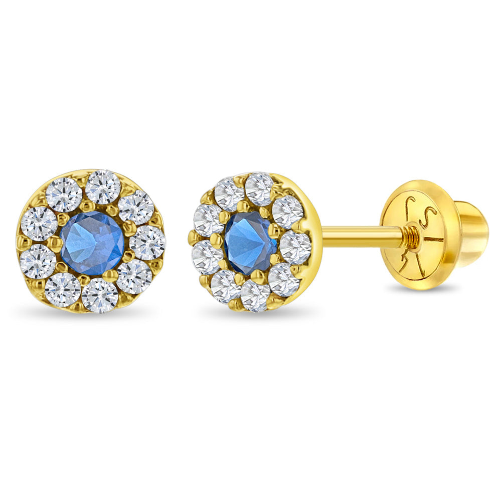 14k Gold Round CZ Girls Screw Back Earrings - Melchior Jewellery