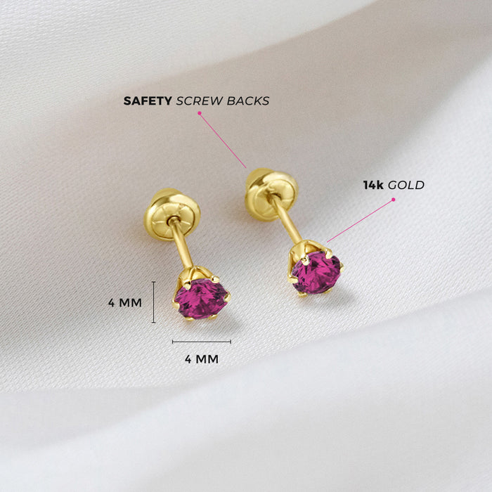 In Season Jewellery 14k gold July birthstone earrings for children with safety screw backs and 4mm stones