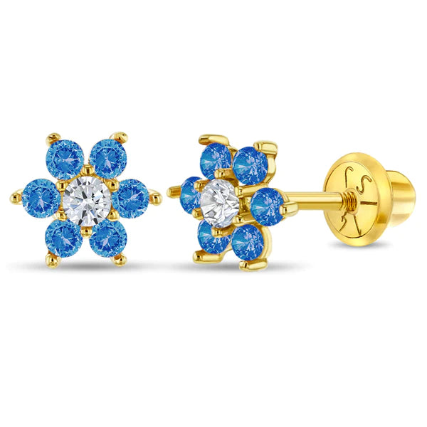 In Season Jewellery 14k gold kids flower earrings with blue and white gemstones for children