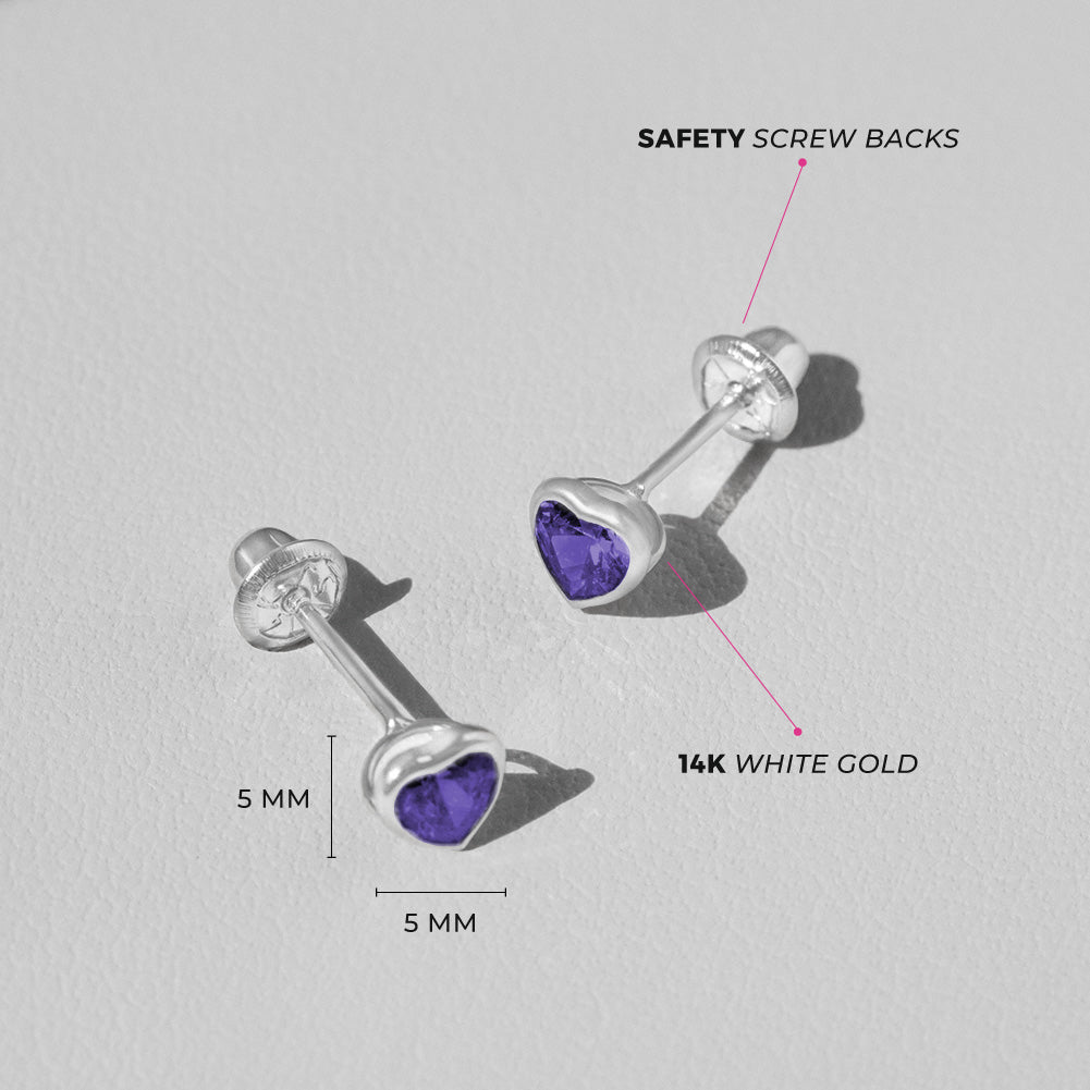 14k white gold baby girl earrings with purple heart gemstones and safety screw backs by In Season Jewellery
