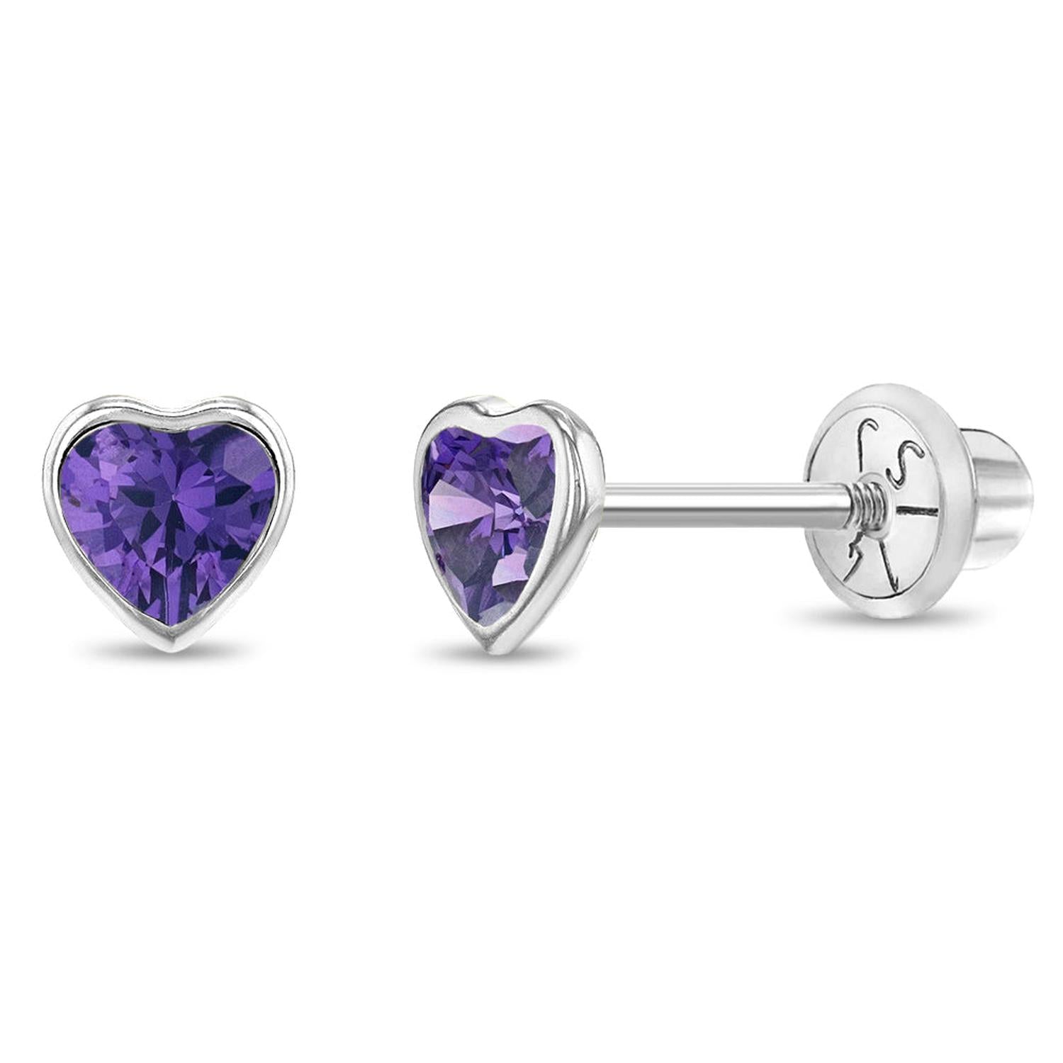 14k white gold baby girl earrings featuring heart-shaped purple gemstones from In Season Jewellery