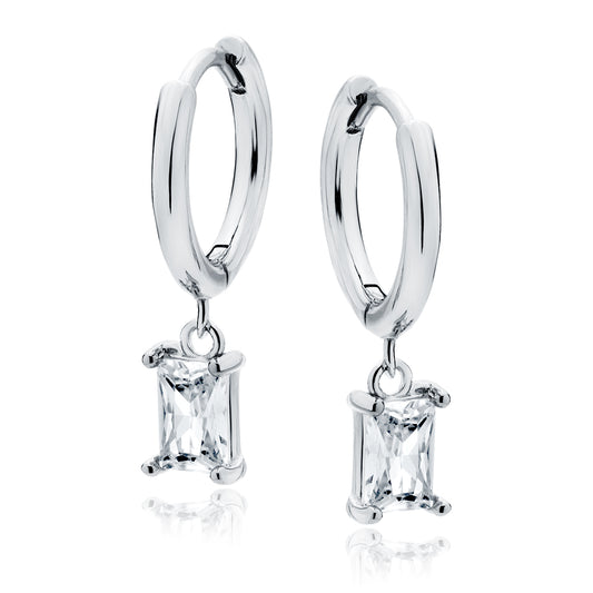 Sterling Silver Hoop Drop CZ Rectangle Earrings - Melchior Jewellery