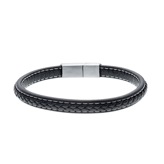 Mens Black Leather and Stainless Steel Woven Bracelet - Melchior Jewellery