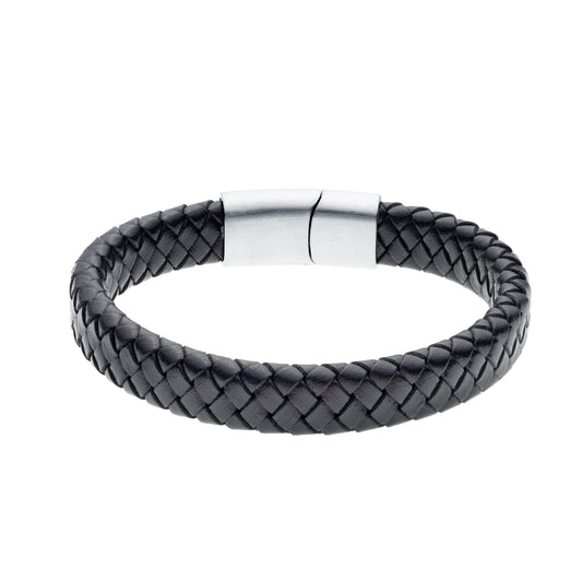 Mens 12mm Black Leather and Stainless Steel Woven Bracelet - Melchior Jewellery
