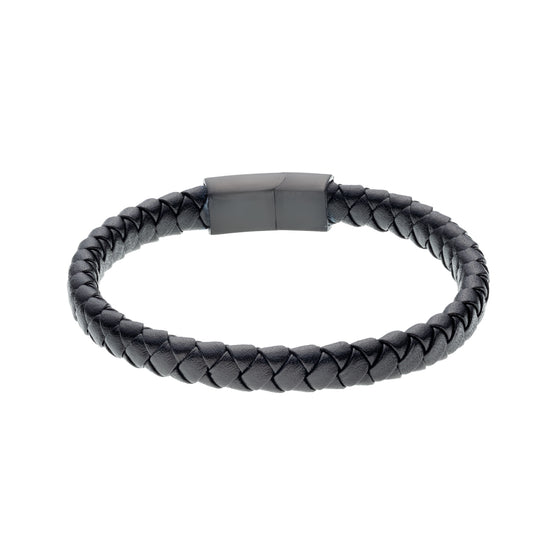 Mens 8mm Black Leather and Stainless Steel Woven Bracelet - Melchior Jewellery