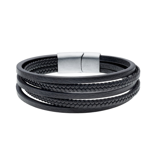 Mens Black Leather and Stainless Steel Bracelet - Melchior Jewellery