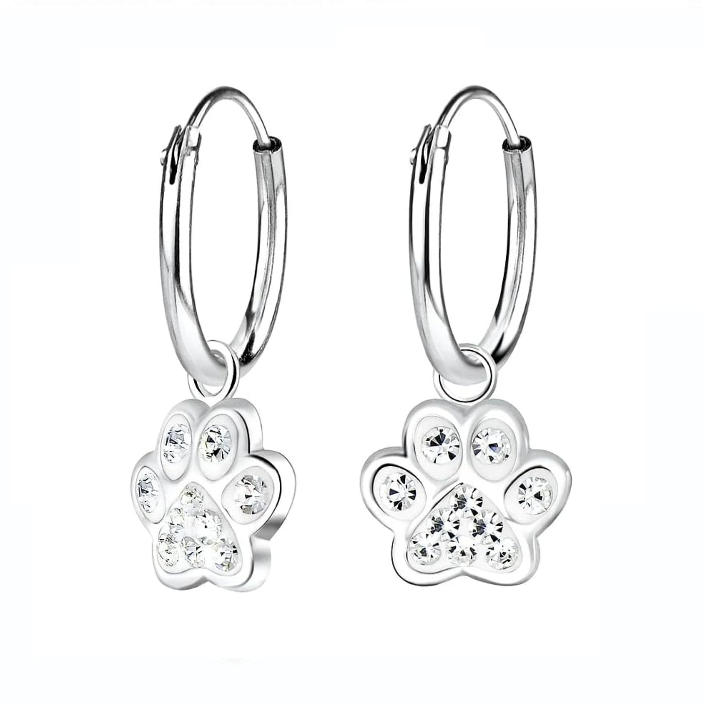 Childrens Sterling Silver Crystal Paw Print Charm Hoop Earrings - Melchior Jewellery