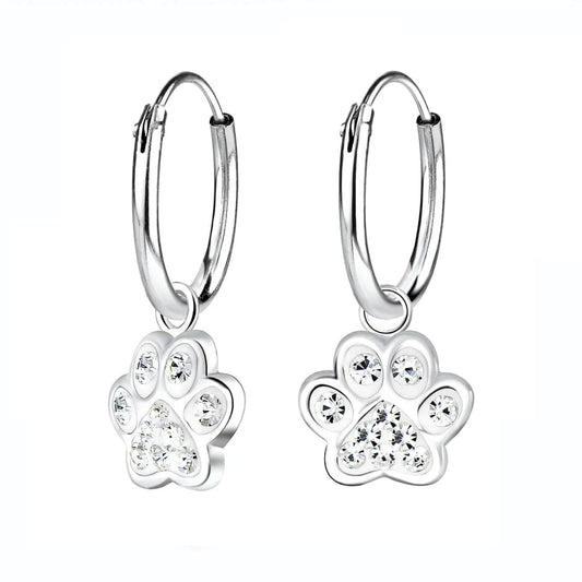 Childrens Sterling Silver Crystal Paw Print Charm Hoop Earrings - Melchior Jewellery