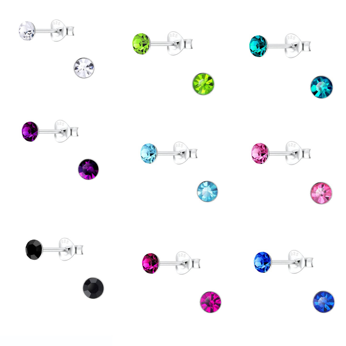 Sterling Silver 4mm Round CZ Stud Earrings - Choose Your Colour