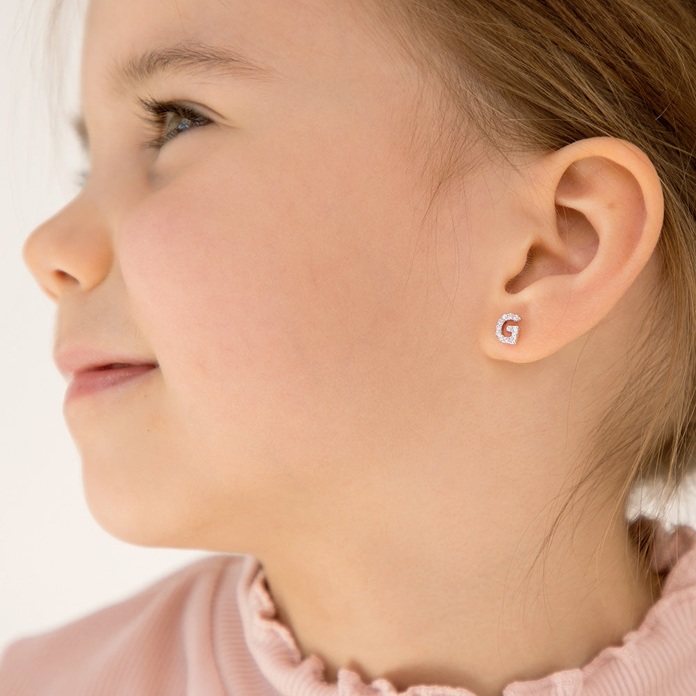 Girl's Sterling Silver Letter Initial G Screw Back Earrings - Melchior Jewellery