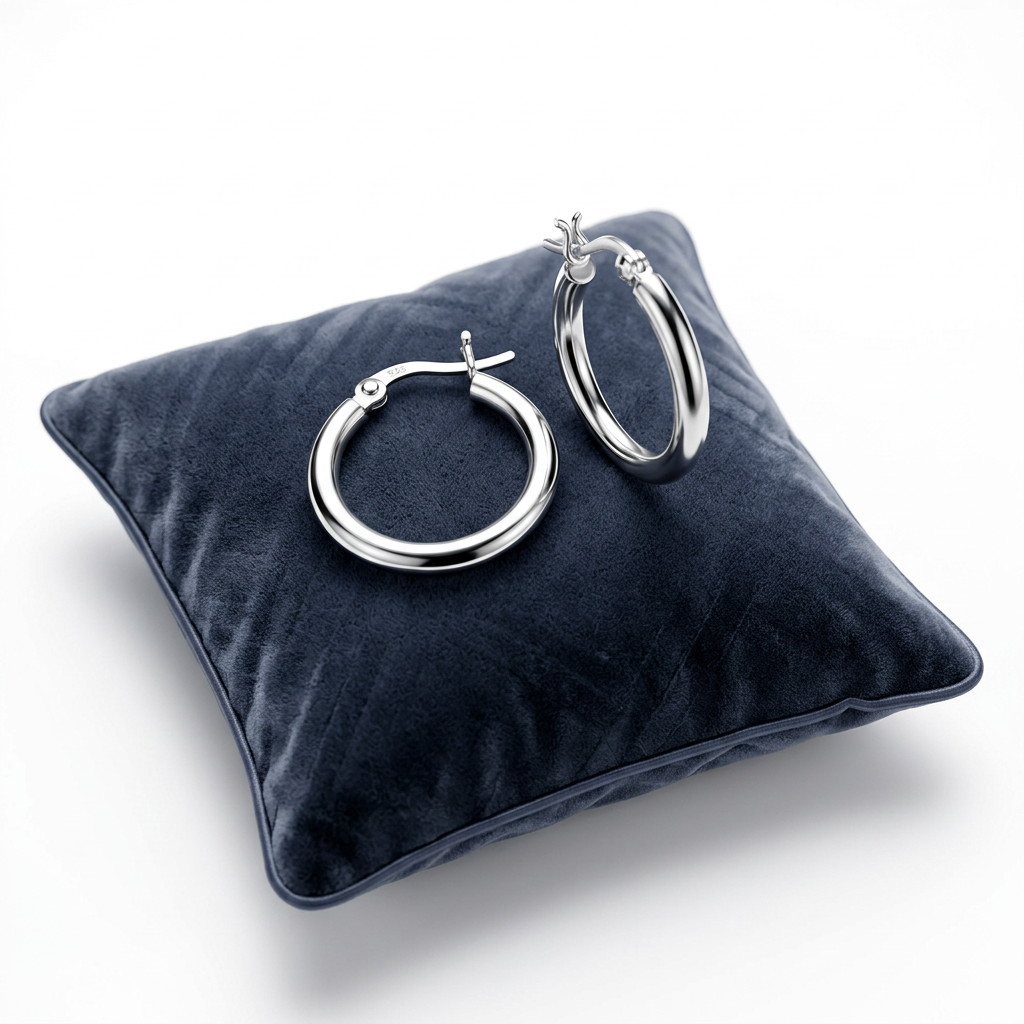 Silver hoop earrings displayed on a plush navy cushion.