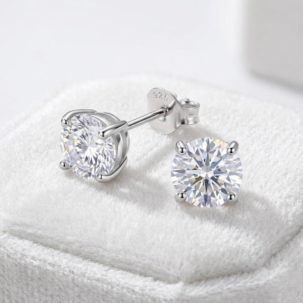 Round moissanite sterling silver stud earrings close up