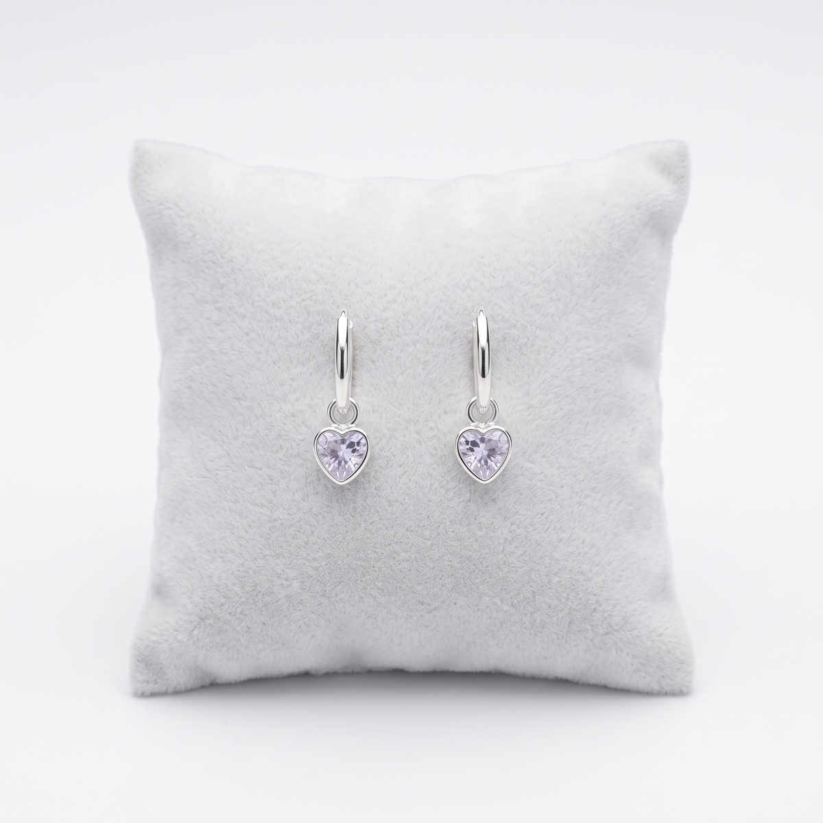 Girls lavender heart crystal hoop earrings with 12mm sterling silver hinged hoops