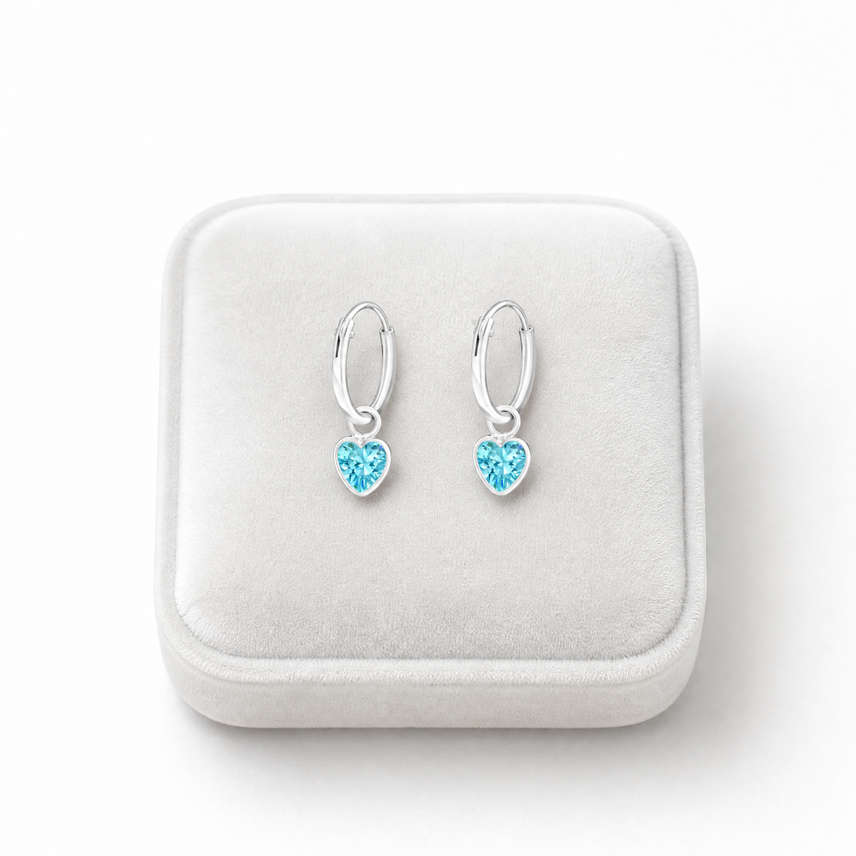 Girls aqua heart earrings with 12mm sterling silver hinged hoops