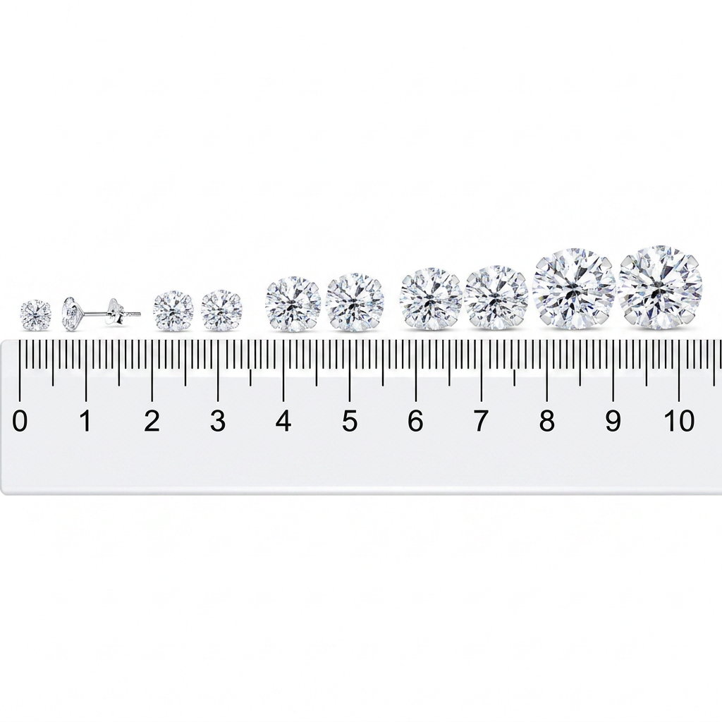 Melchior Jewellery sterling silver cubic zirconia stud earrings size comparison guide 2mm to 10mm on ruler