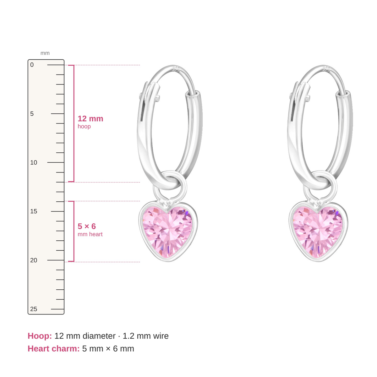 Girls Sterling Silver Pink Heart CZ Hoop Earrings - Melchior Jewellery