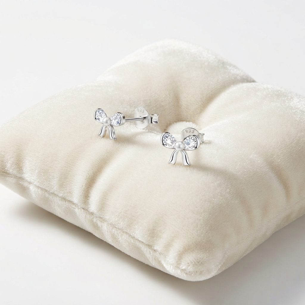 Dainty Sterling Silver CZ Pearl Bow Earrings